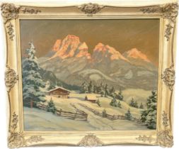 Oil painting on canvas depicting snowy mountain scape, Signed R. Yerson. Fitted within a vintage