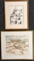 Elaine Watson Pen and ink wash titled 'Manor House, Salers', signed. [Frame 44.5cm x 49cm] M Thomson