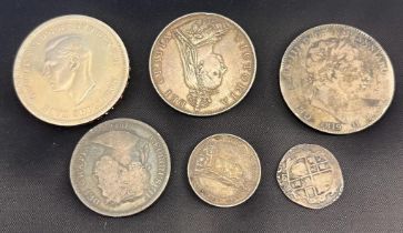 A small group of silver coins 1887, half-crown; 1817 florin; 1887 shilling; 1819 crown; 1951