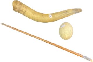 Ostrich egg, Large horn and walking cane.