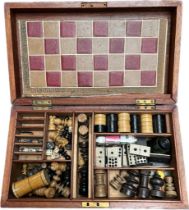 Antique mahogany games box containing The Steeple Chase board game and chess set and various other