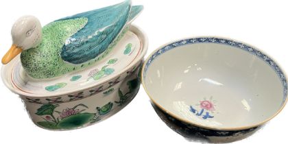 Chinese Export hand painted Famille Rose Porcelain duck tureen, Together with a Qianlong Blue and