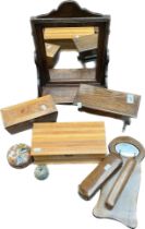 A Collection of wooden collectables; Oak wall hanging shaving mirror, various shaped and sized