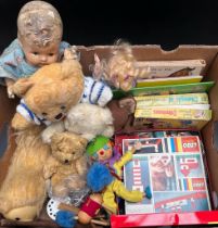 Box of vintage toys; Dougal toy from magic roundabout, Dee and Cee baby toy, Mohair bear, Pelham