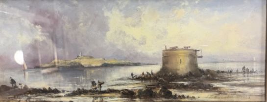 Oil on board depicting a tower seascape within a moulded frame, signed [unreadable] dated 1863. [