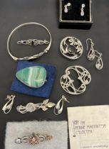 A Collection of silver jewellery; Silver Rennie Mackintosh collection brooch and a pair of earrings,
