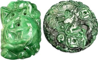 Two 20th century Chinese Jade carved sculptures; dragon disc and Fish sculpture. [Fish-5cm in
