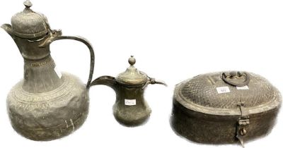 Three antique Indian Metal items; 19th century metal worked bread box, Large metal worked Islamic