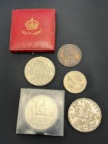 Various coins; 1937 George VI Silver crown, 1935 George V Silver Crown, 1896 one penny, 1969 10P