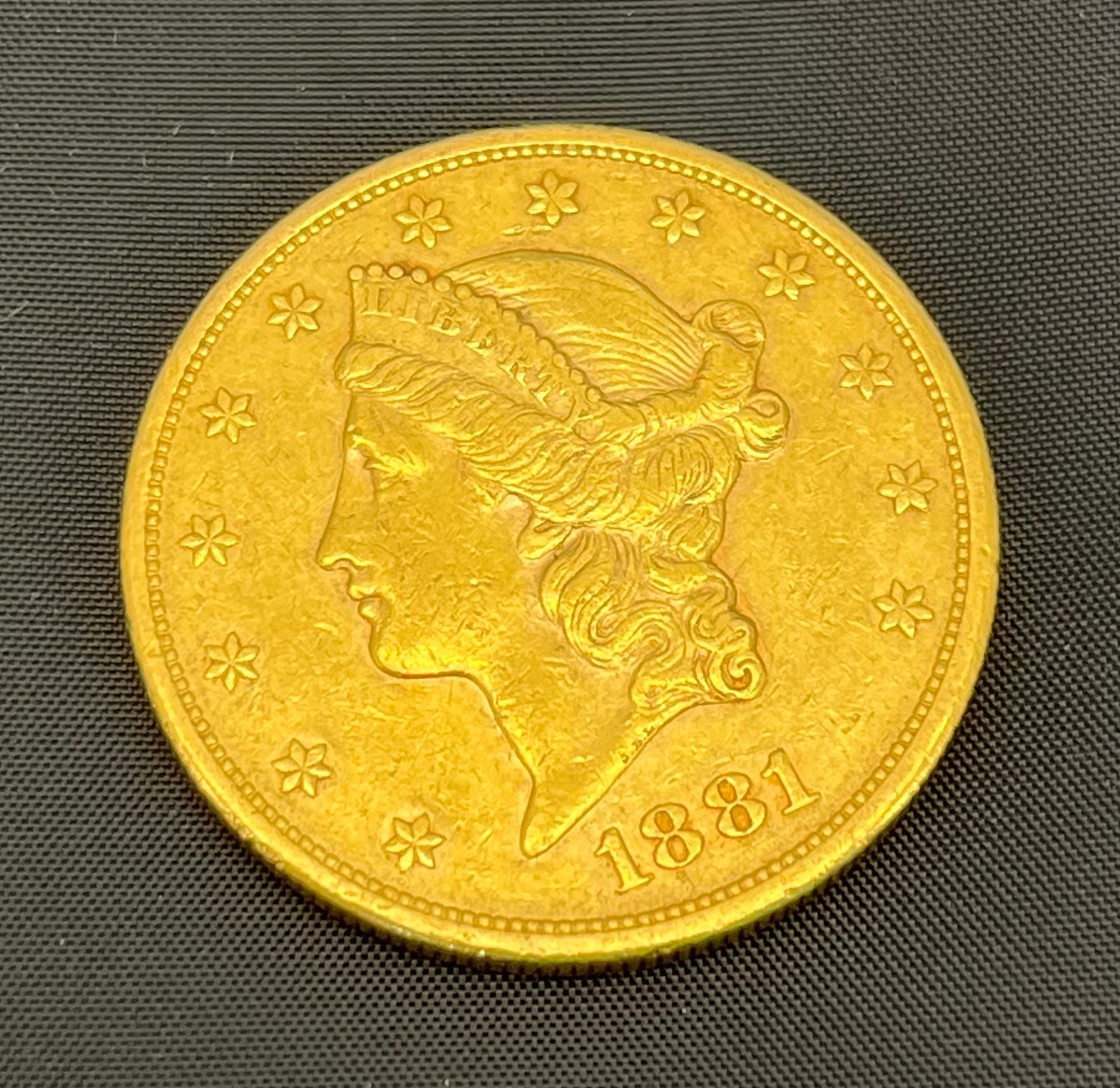 1881 Gold Liberty Double Eagle American Twenty Dollar coin.