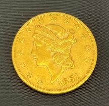 1881 Gold Liberty Double Eagle American Twenty Dollar coin.