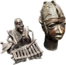 Two antique African Tribal Bronze Benin sculpture; Bust and seated musician [Bust-17cm high]
