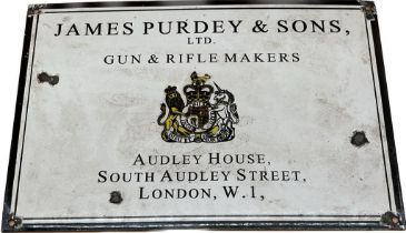 Cast Metal and enamel advertising sign; 'James Purdey & Sons Ltd, Gun & Rifle makers, Audley