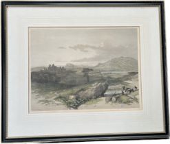 P Roberts R.A. Large Antique coloured print depicting Scottish landscape and castle scene. Fitted