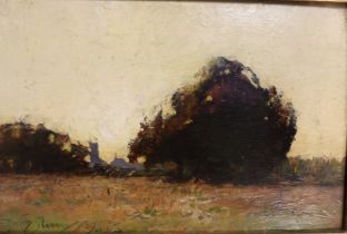 Sir David Murray, ARWS (1849-1933) Oil on board titled 'Village and Trees at Dusk', signed and dated