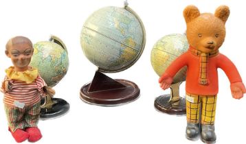 Vintage children's toys; Three tin plate world globes- two by Chad Valley, Clock work clown figure