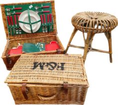 Wicker picnic basket and contents, wicker hamper basket and mid century stool.