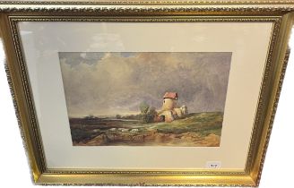 [James Hall Cranston] Framed watercolour depicting sheep and Mill landscape, fitted within a gilt