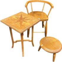 A lot of three furniture items; pine child's chair, pine stool and marquetry side table