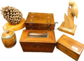 Selection of wooden collectables; 19th century tea caddy box, oak turned tea caddy barrel, Two