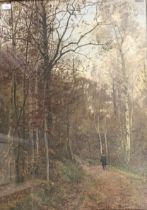 R.A.M Stevenson 19th Century oil on board depicting man walking through woodland. Within a moulded