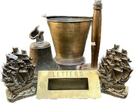 Collection of brass wares; Brass swing handle bucket, Heavy table lamp, Brass bell, Antique Letter