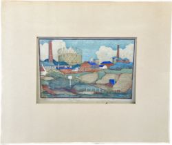 Vintage Coloured block print titled 'Granton Gas Works' Trial Proof. [Art work- 24x36cm]