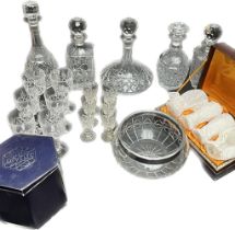 A Collection of crystal; Five varying sized crystal decanters, Boxed set of Webb crystal glasses,