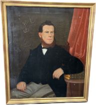 Antique oil painting on canvas; depicting portrait of a seated gentleman. Fitted within a gold