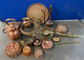 A collection of brass wares includes Persian style tea pot and much more