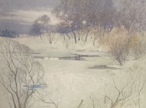 John Gray RSW Watercolour titled 'The Frozen Backwater', signed. [Frame 78x95cm]