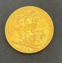 Queen Victoria 1890 full sovereign gold coin.