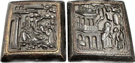 A Pair of antique Chinese lacquered hand carved wooden square panels. Showing signs of original