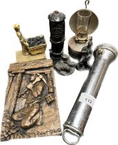 A Selection of minors items; Coal carved figures and minor lamp, Small lantern, Concordia Cardiff