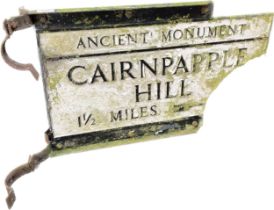 Antique cast metal sign for 'Ancient Monument- Cairnpapple Hill' with pole brackets present. [As