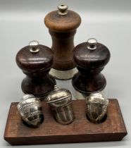 A Selection of silver cruet items; Two Georgian Birmingham silver Acorn shaped nut holders- Samuel
