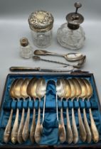 A Selection of silver and silver plated items; Set of 12 Victorian London silver tea spoons, Sugar