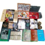 A Large collection of fishing fly tieing items; fishing flies in display, fishing fly reels & fly