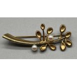 Edinburgh 9ct yellow gold tree shaped brooch fitted with two pearls. [5.86grams] [5cm in length]