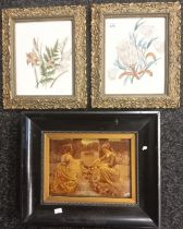 3 Artworks; Crystoleum depicting women in a garden within a black frame. [33x40cm] Two painting on