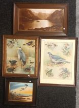 Four Artworks Two prints depicting various birds and their names. Print of Loch Convisk, original