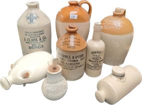 A large box of stone ware flagons includes Buchan pottery Edinburgh, John Burns family grocer
