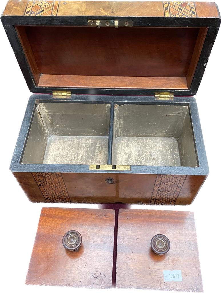 An antique poker work bird scene photo frame, Edwardian double section tea caddy along with a - Image 2 of 3