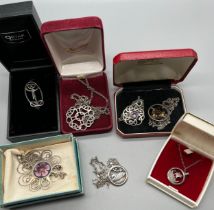 A Selection of Celtic and designer inspired silver jewellery; Rennie Macintosh style flower