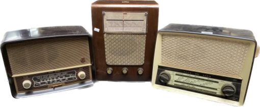 A collection of three vintage radios; His masters voice radio, Ecko Bakelite radios- model U319 &