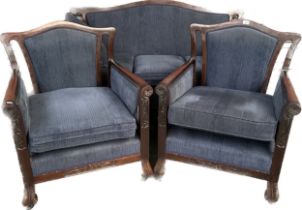 Oriental style three seat settee together with two arm chairs