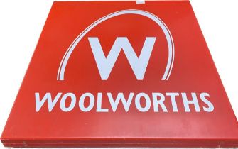 A vintage double sided Woolworths advertising sign with fitted wall mounted bracket