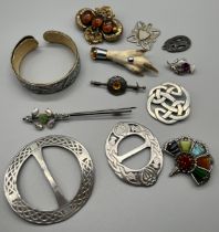 A Collection of Scottish and other jewellery; Celtic pewter buckles, Arts and crafts pewter worked