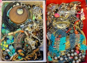 Two boxes of mixed jewellery; necklaces, bracelet, perfume bottle with plated over lay and many