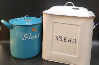 An antique enamel bread bin & A vintage flour enamel double handled pot